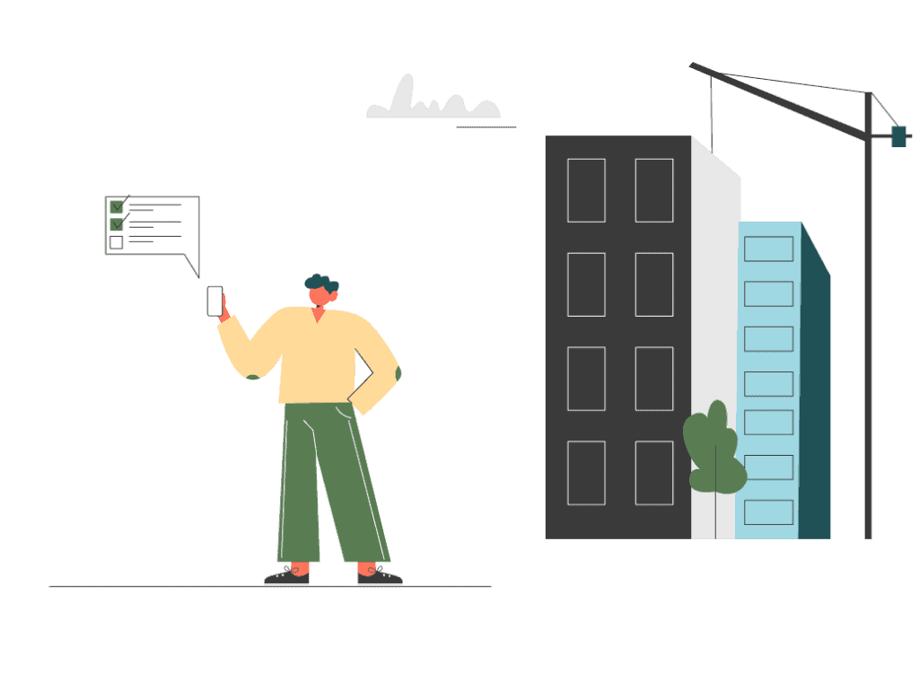Kuvassa rakennustyömaa ja rakennuttaja, joka käyttää kädessään olevassa puhelimessaan olevaa laatujärjestelmää rakennushankkeen laadunhallintaan.